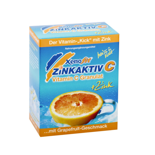 Packung von Xenofit ZINKAKTIV C Vitamin C Granulat mit Grapefruit-Geschmack