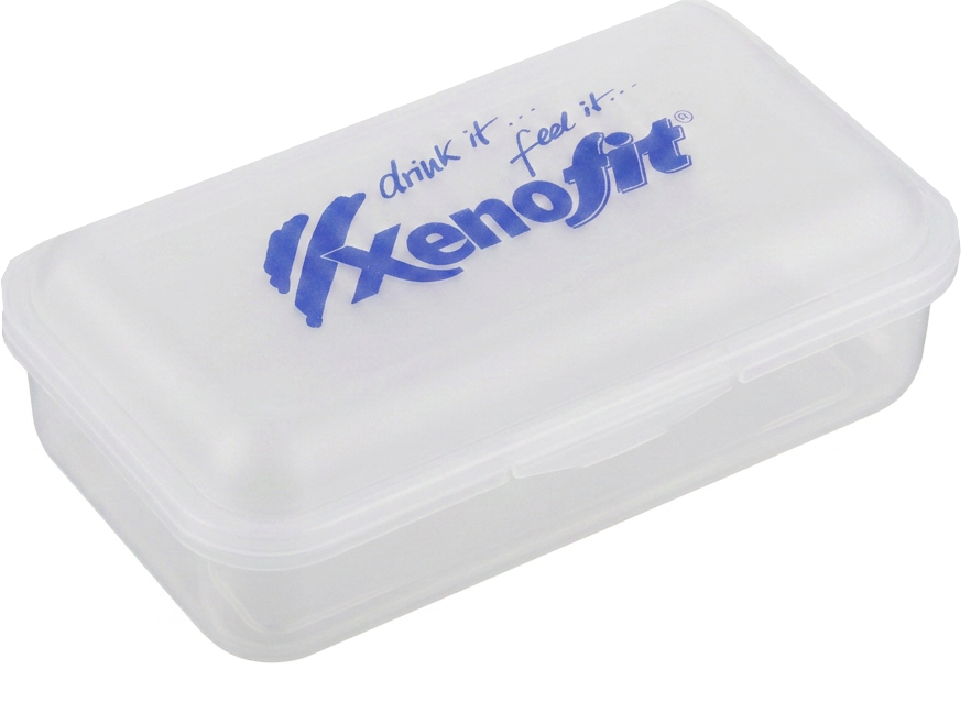 Weiße transparente Kunststoffdose mit blauem Xenofit-Aufdruck auf dem Deckel