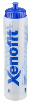Durchsichtige Trinkflasche von Xenofit mit blauer Kappe